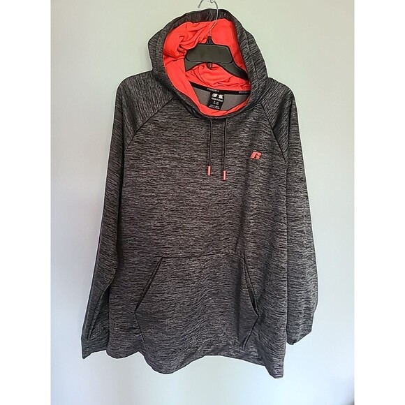 Russell Hoodie Men XL Grey Orange Tech Fleece Pullover Sweater Pouch - Picture 1 of 3